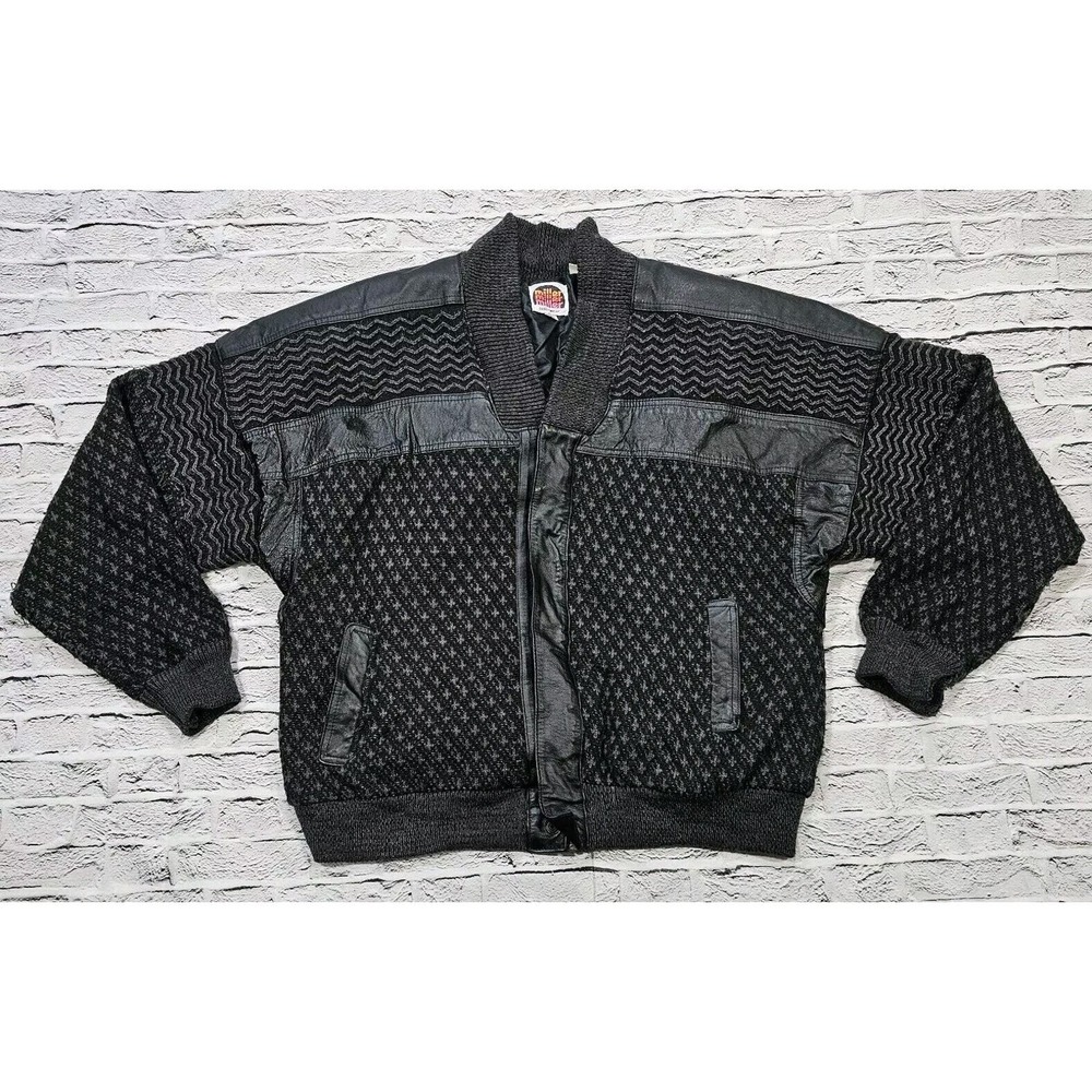 Miller Outerwear Jacket Black Zip Knit Sweater Western Leather VINTAGE MENS L